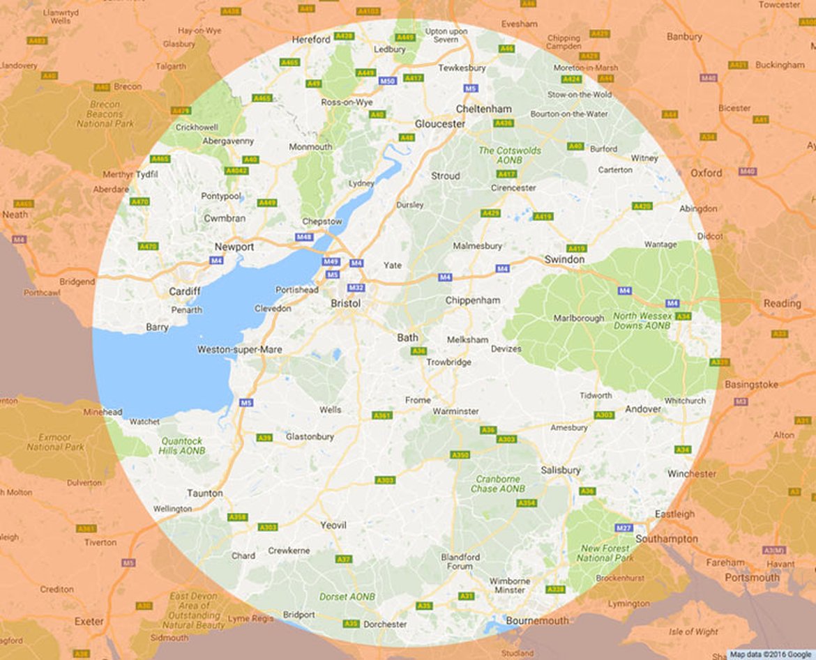 Chef v Chef map of eligibility showing a 50-mile radius around Bath.